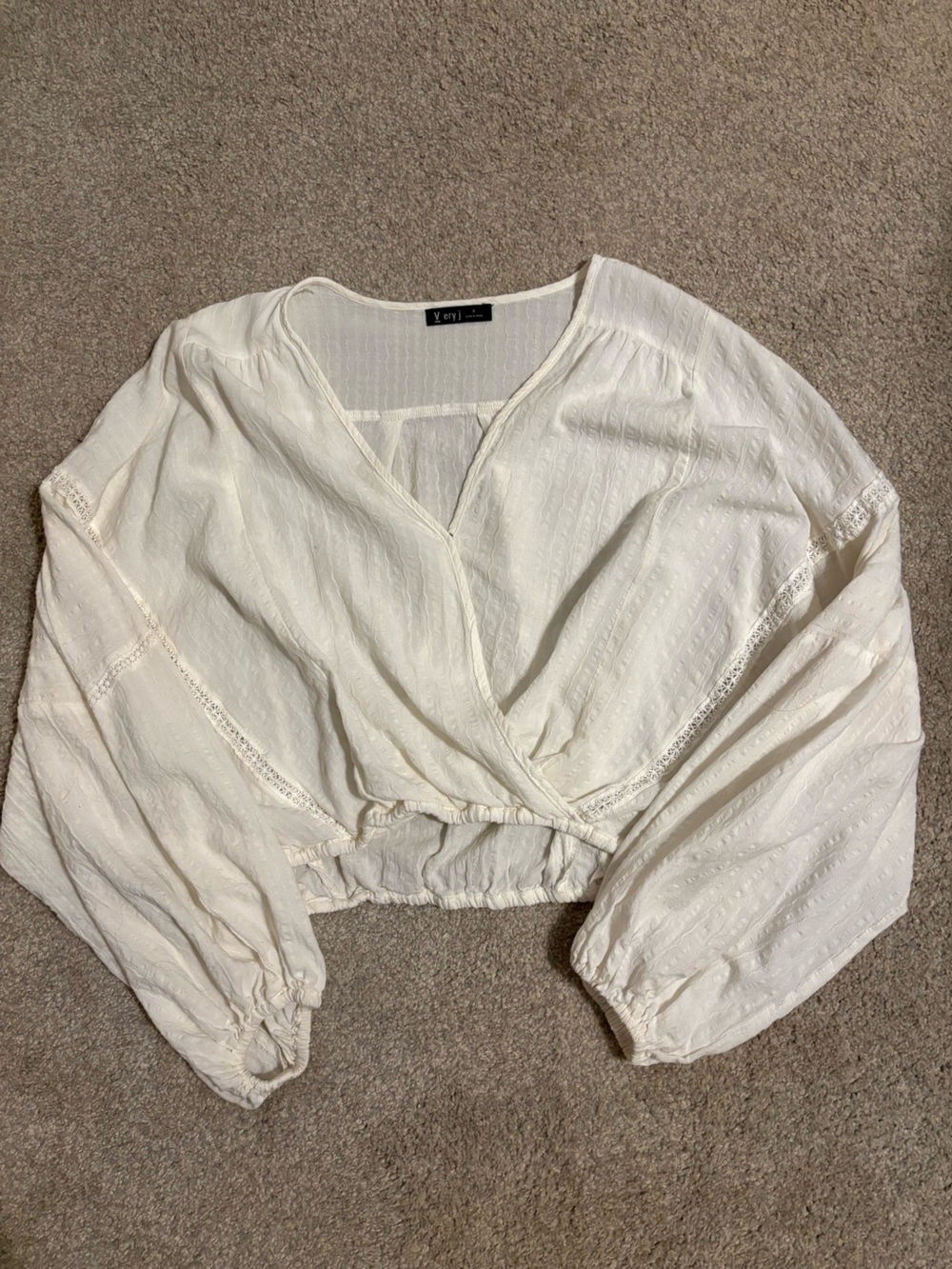 Very J White/Cream Textured Lace Accent Wrap Crop Top - Size S
